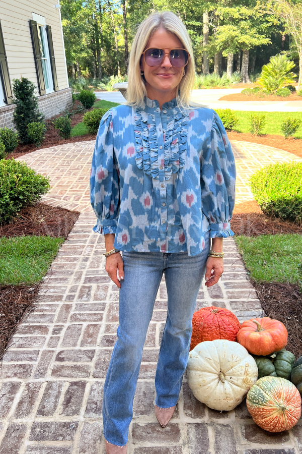 Ruffle Front Button Blouse, Jinja Blue by Oliphant