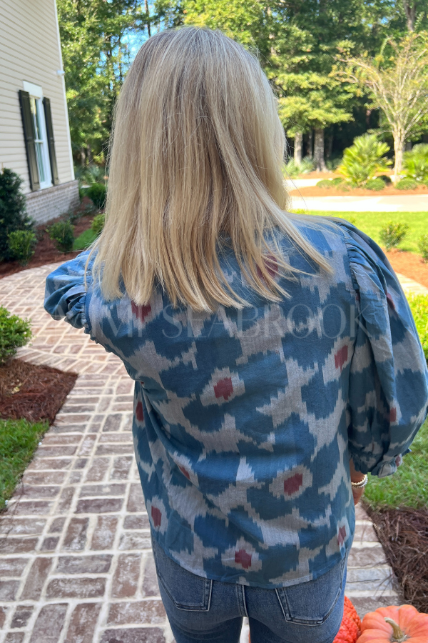 Ruffle Front Button Blouse, Jinja Blue by Oliphant