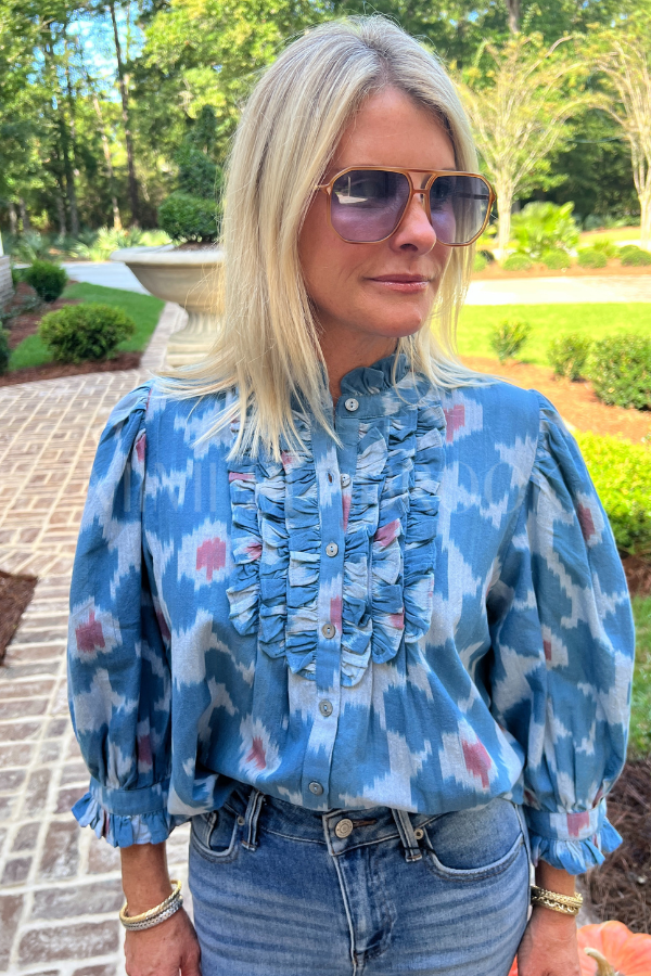 Ruffle Front Button Blouse, Jinja Blue by Oliphant