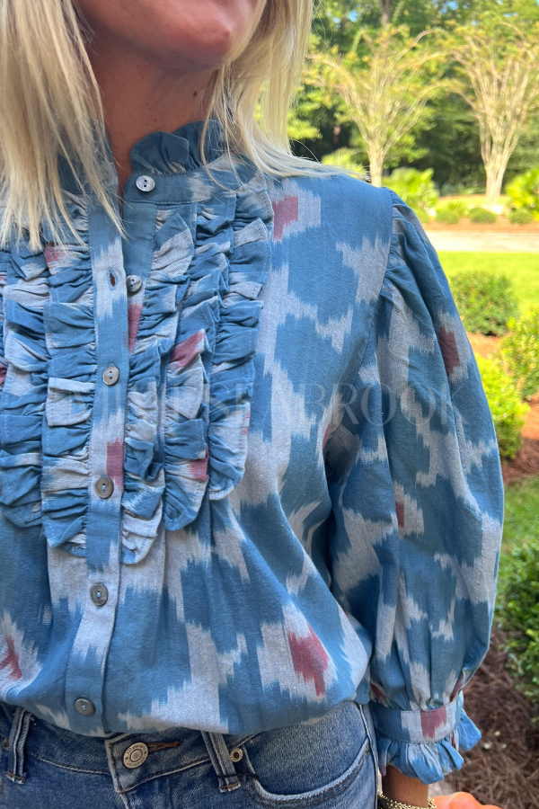 Ruffle Front Button Blouse, Jinja Blue by Oliphant