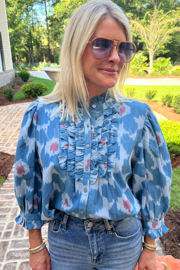 Ruffle Front Button Blouse, Jinja Blue by Oliphant
