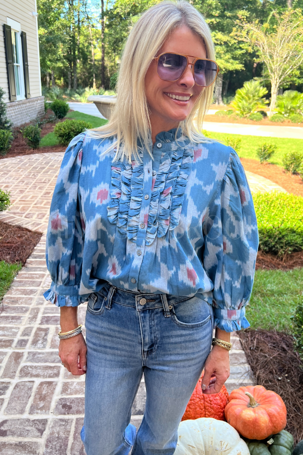 Ruffle Front Button Blouse, Jinja Blue by Oliphant