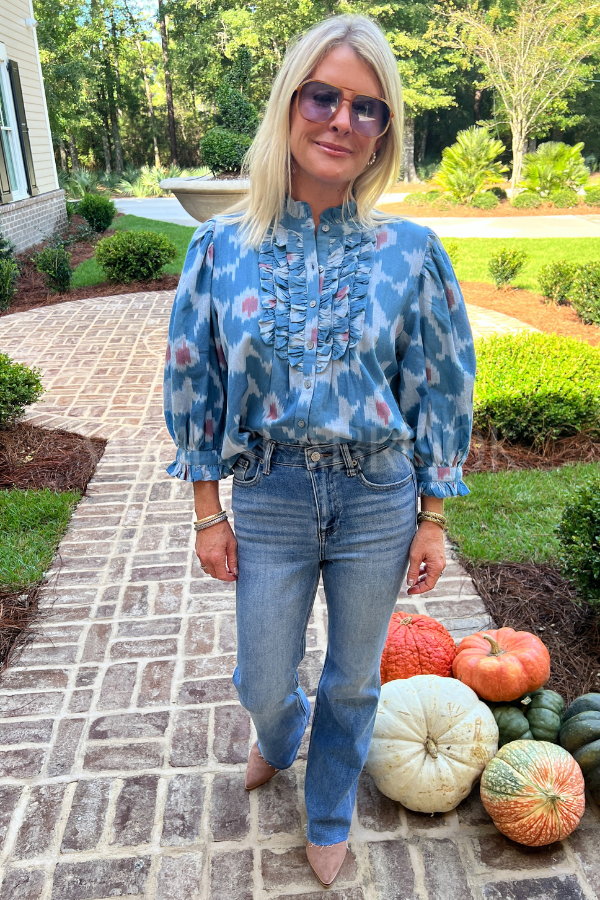 Ruffle Front Button Blouse, Jinja Blue by Oliphant