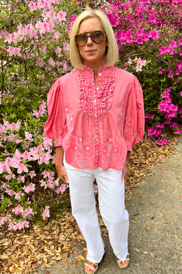 Ruffle Front Button Blouse, Raton Pink by Oliphant