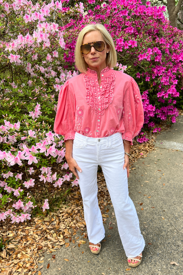 Ruffle Front Button Blouse, Raton Pink by Oliphant