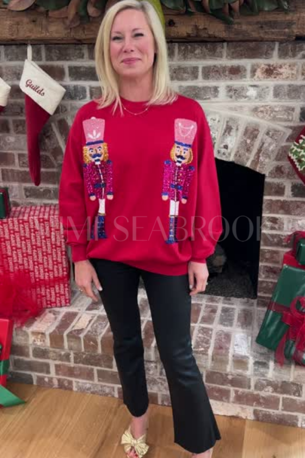 Sequin Nutcracker Sweatshirt Top, red