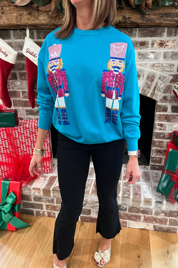 Sequin Nutcracker Sweatshirt Top, teal