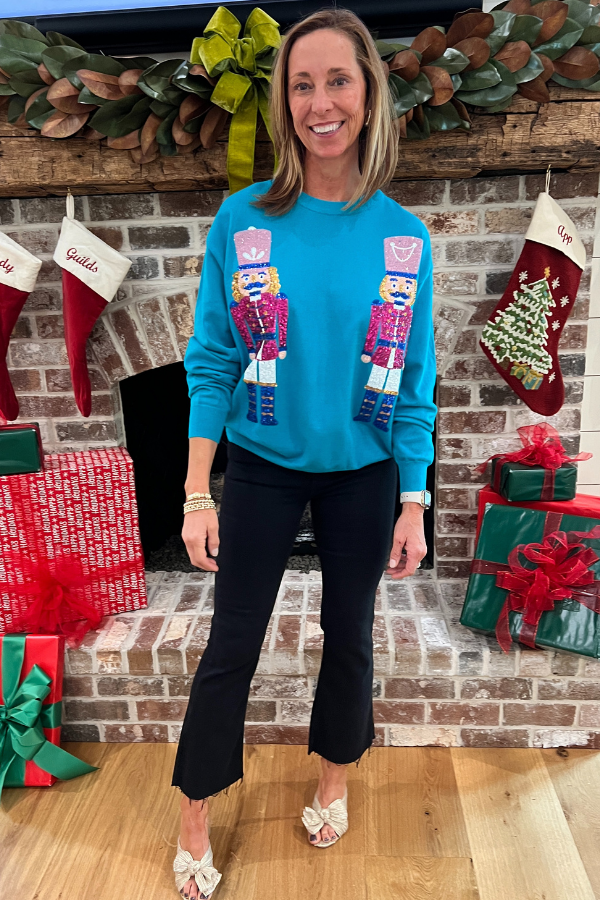 Sequin Nutcracker Sweatshirt Top, teal