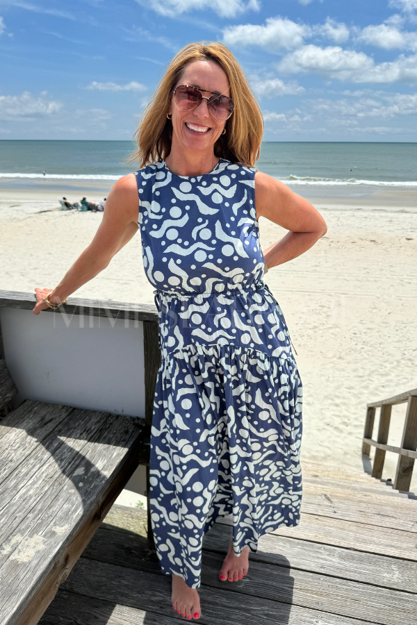 Sleeveless Piped Maxi Dress, Acadia Navy by Oliphant