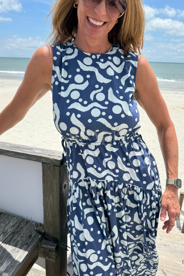 Sleeveless Piped Maxi Dress, Acadia Navy by Oliphant