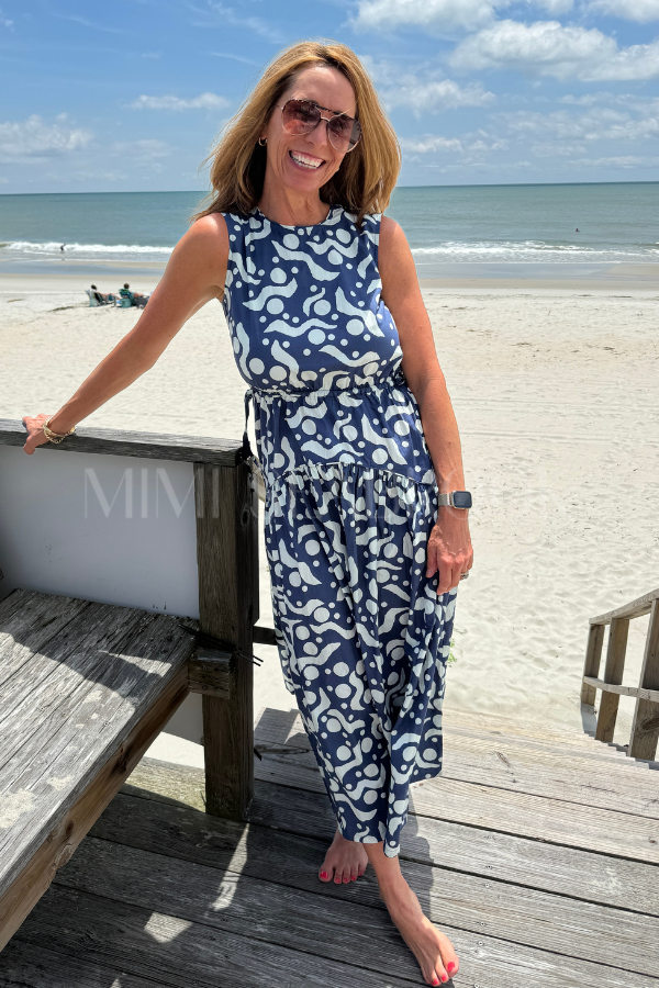 Sleeveless Piped Maxi Dress, Acadia Navy by Oliphant
