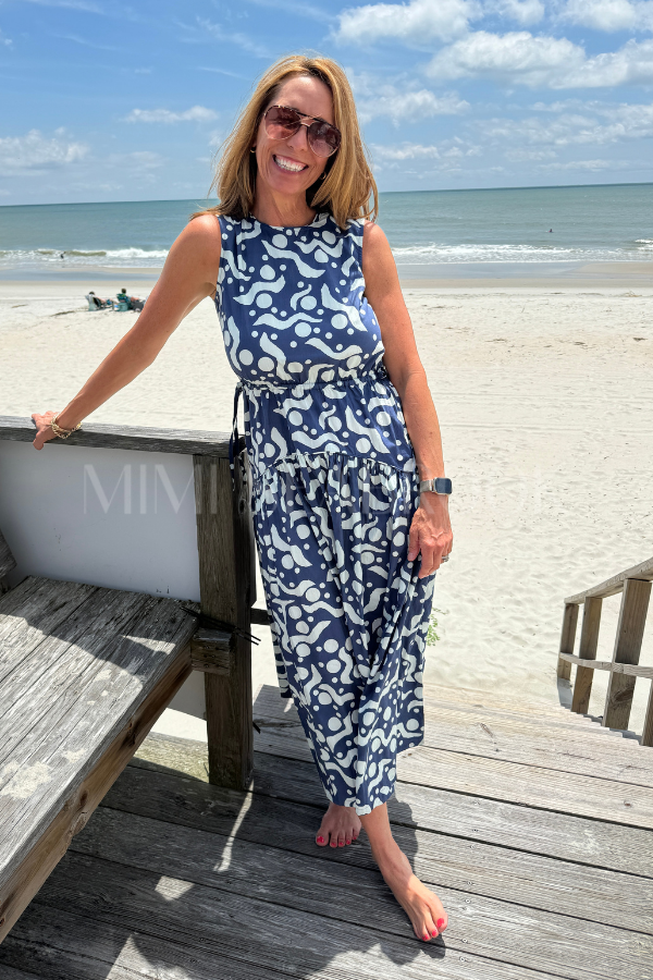 Sleeveless Piped Maxi Dress, Acadia Navy by Oliphant
