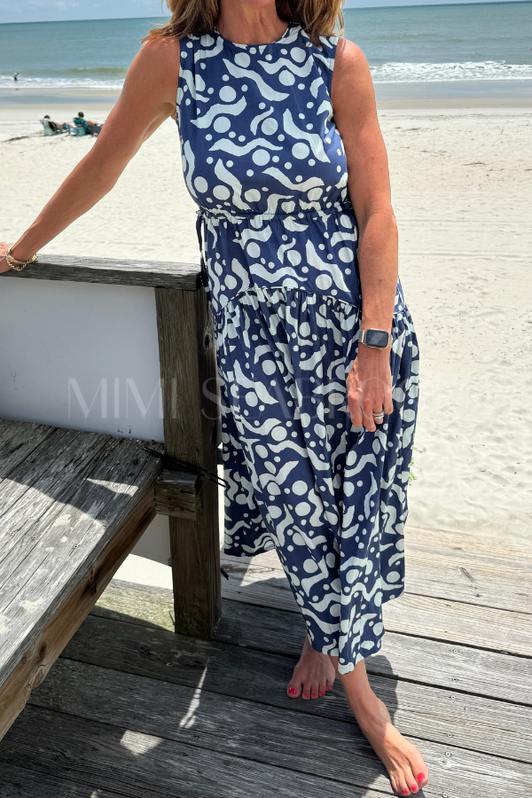 Sleeveless Piped Maxi Dress, Acadia Navy by Oliphant