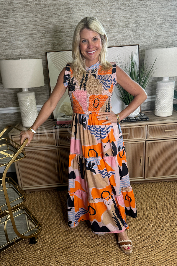 Sleeveless Smocked Maxi Dress, Riviera Orange by Oliphant