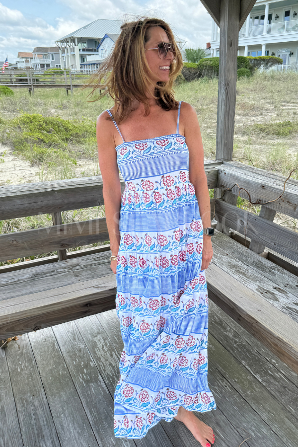 Smocked Back Maxi Dress, Borrego Navy by Oliphant