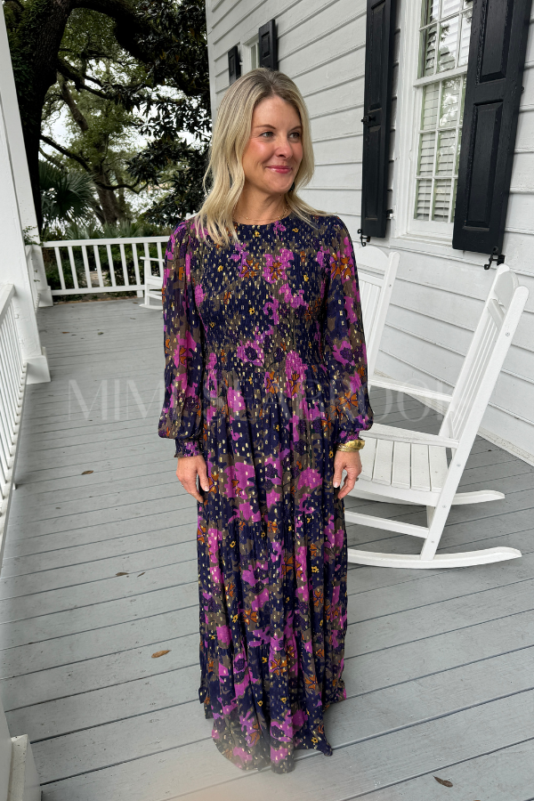 Smocked Top Maxi Dress, Suzani Navy by Oliphant
