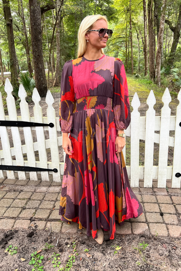 Smocked Waist Maxi Dress, Hague Brown by Oliphant