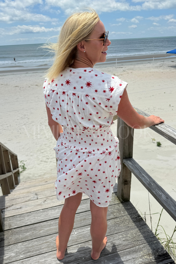 Smocked Waist Roll Sleeve Dress, Ellsworth Red by Oliphant