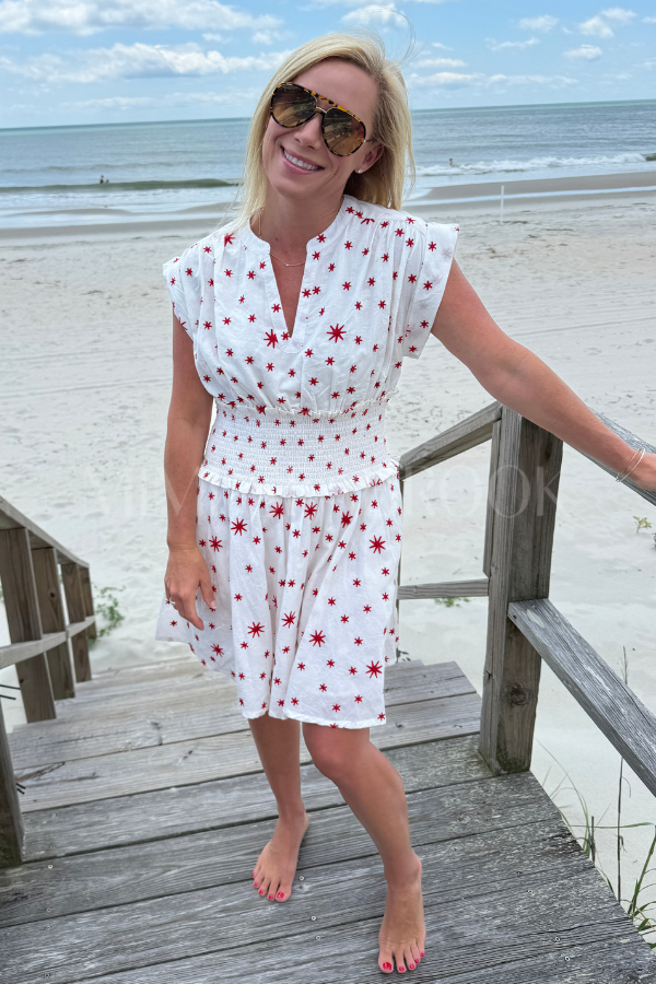 Smocked Waist Roll Sleeve Dress, Ellsworth Red by Oliphant