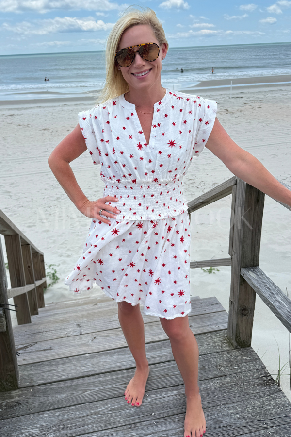 Smocked Waist Roll Sleeve Dress, Ellsworth Red by Oliphant