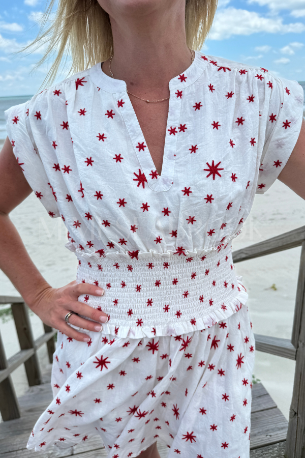 Smocked Waist Roll Sleeve Dress, Ellsworth Red by Oliphant