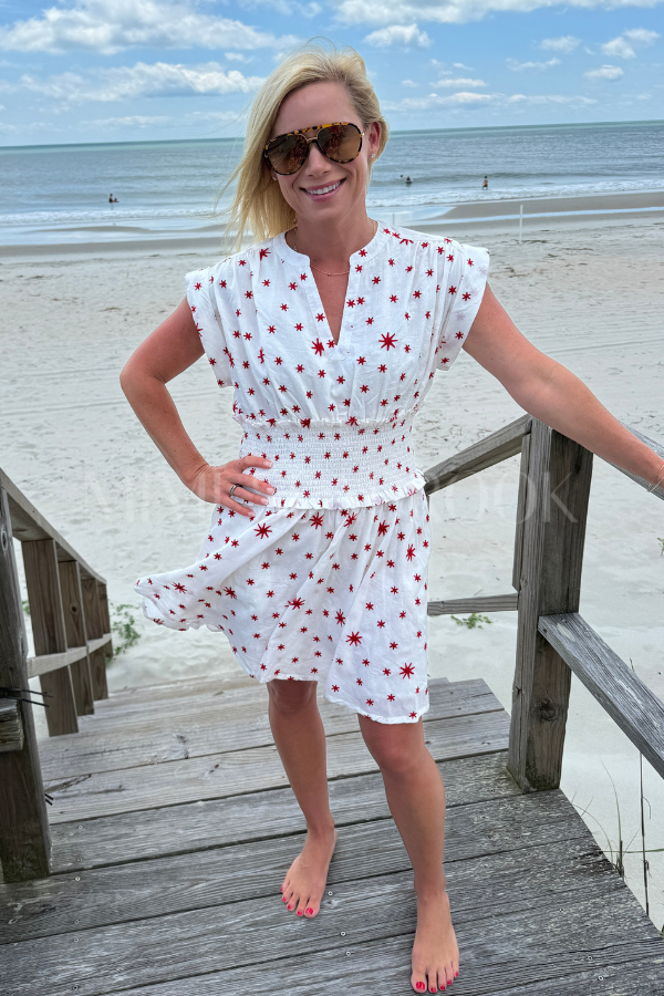 Smocked Waist Roll Sleeve Dress, Ellsworth Red by Oliphant