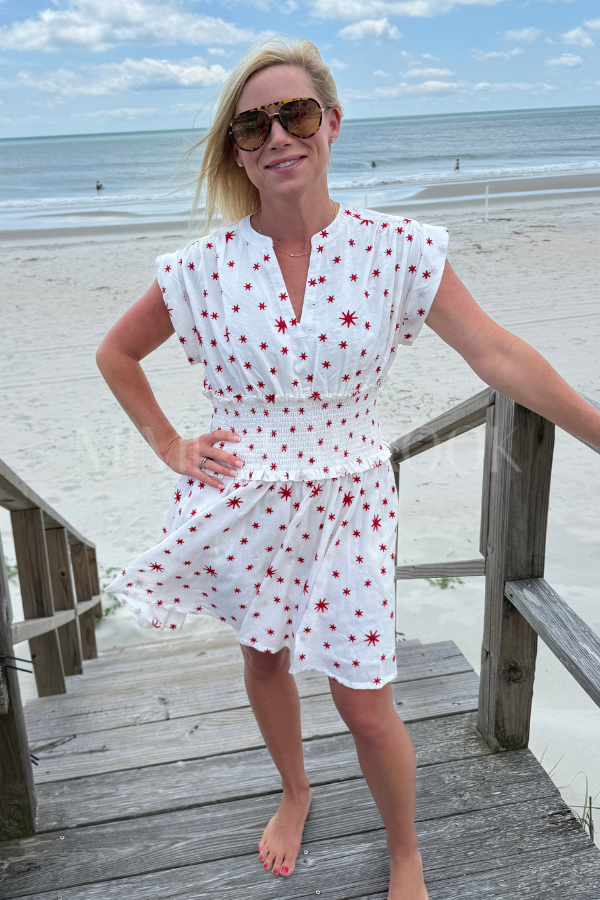 Smocked Waist Roll Sleeve Dress, Ellsworth Red by Oliphant