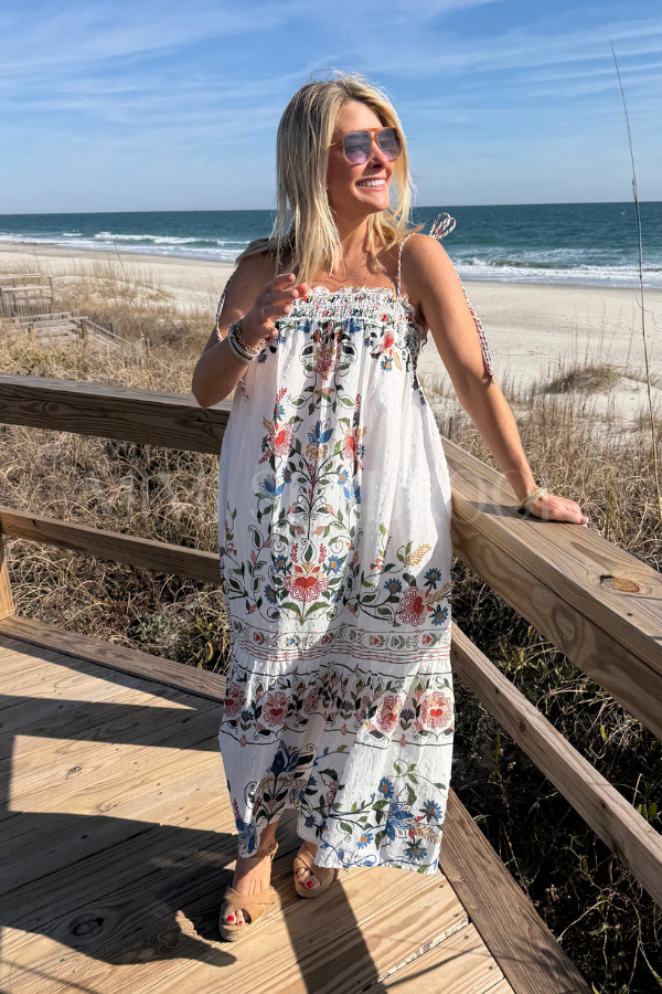 Stitched Garden Off-White Long Dress by Farm Rio