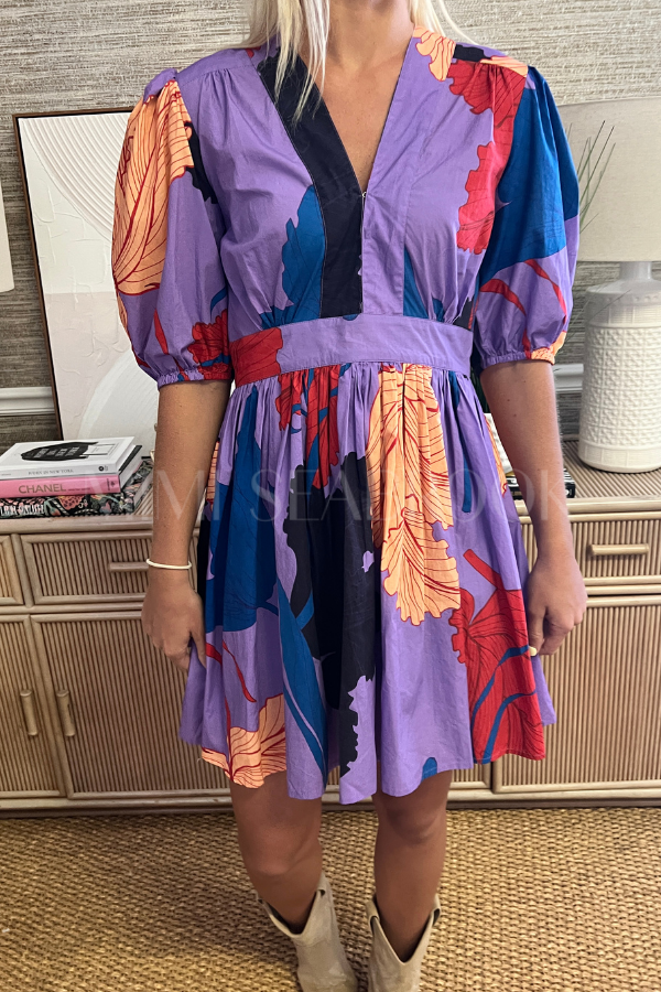 V-Neck Puff Mini Dress, Hague Lavender
