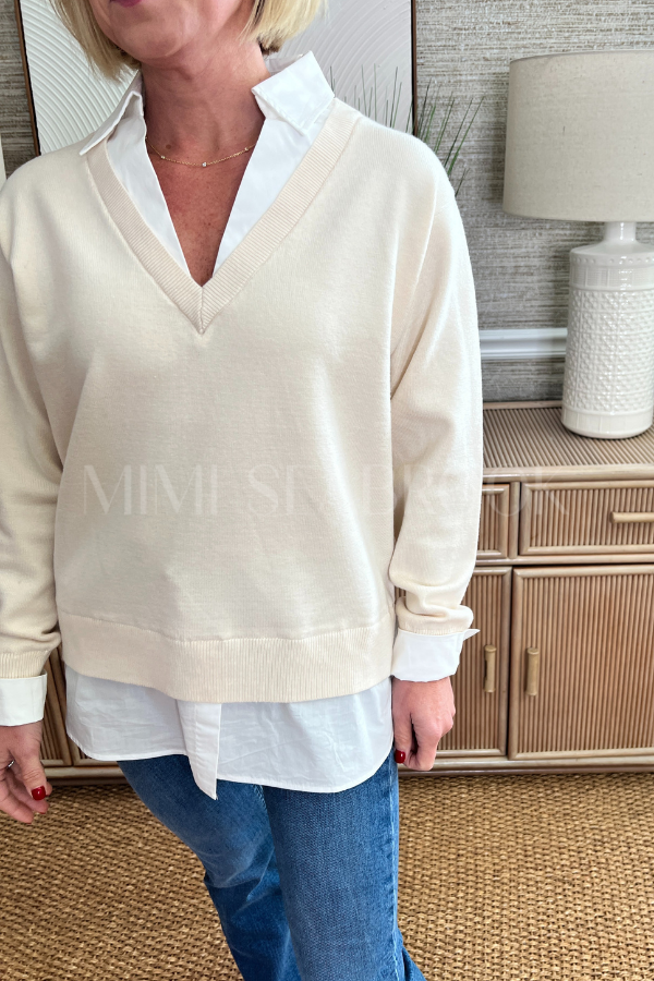 Whelan sweater top, cream/white