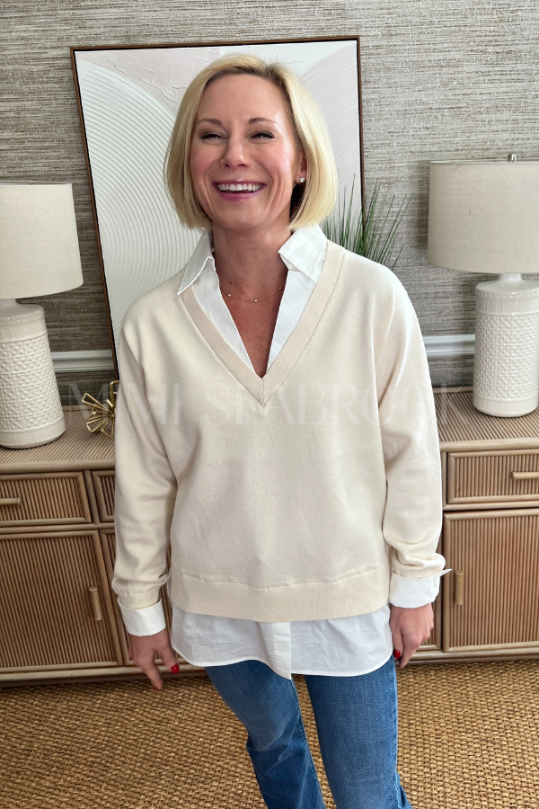 Whelan sweater top, cream/white