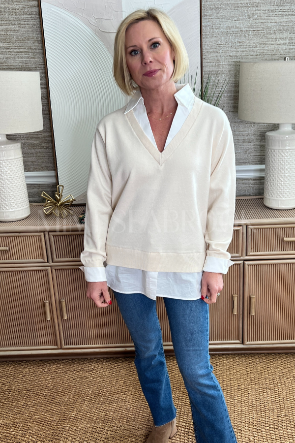 Whelan sweater top, cream/white