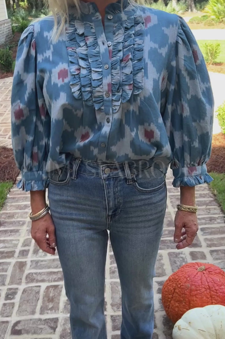 Ruffle Front Button Blouse, Jinja Blue by Oliphant