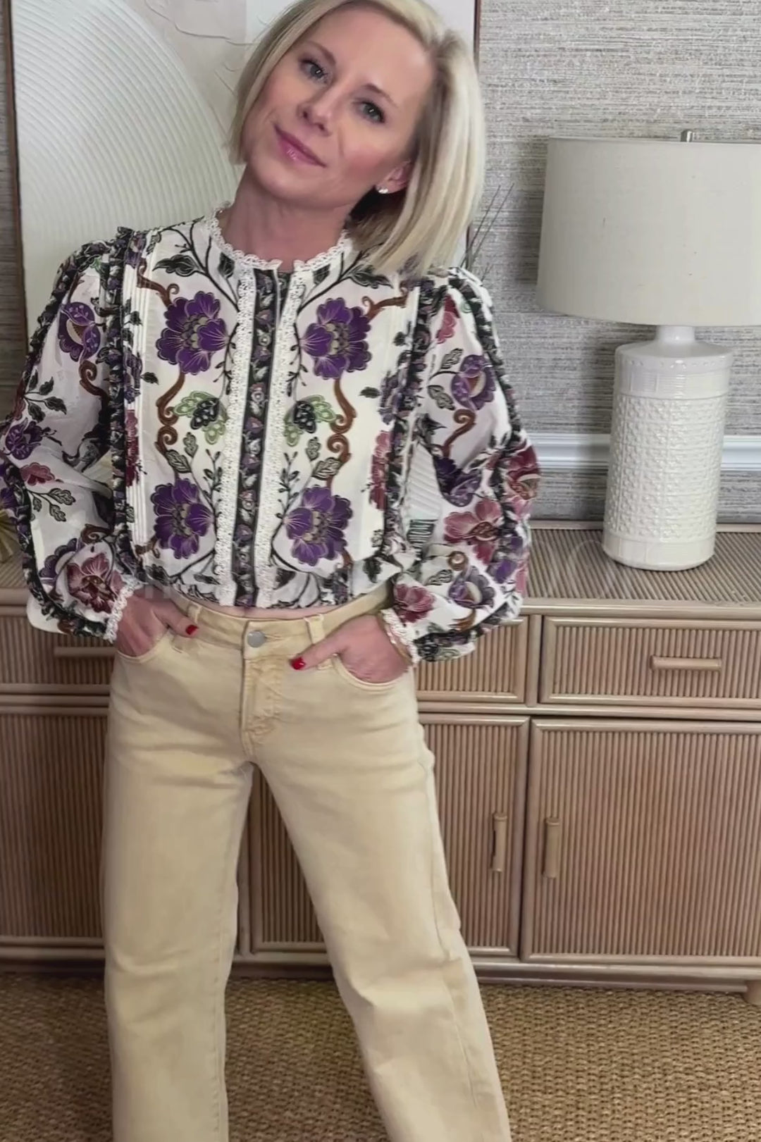 Rococo Flowers Cream Long Sleeve Blouse by Farm Rio