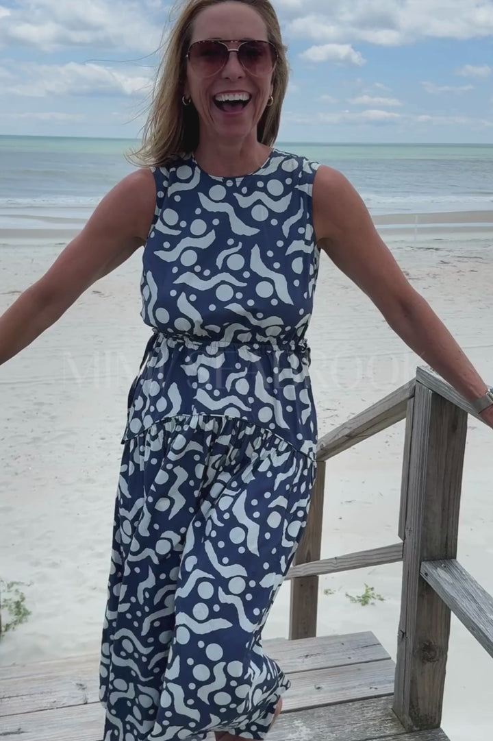 Sleeveless Piped Maxi Dress, Acadia Navy by Oliphant