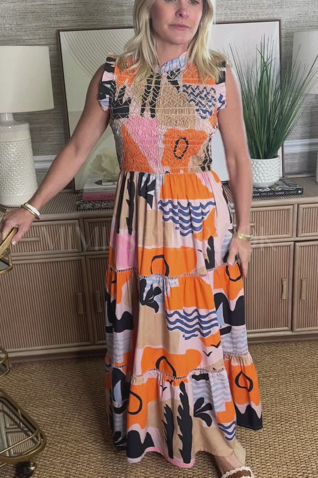 Sleeveless Smocked Maxi Dress, Riviera Orange by Oliphant