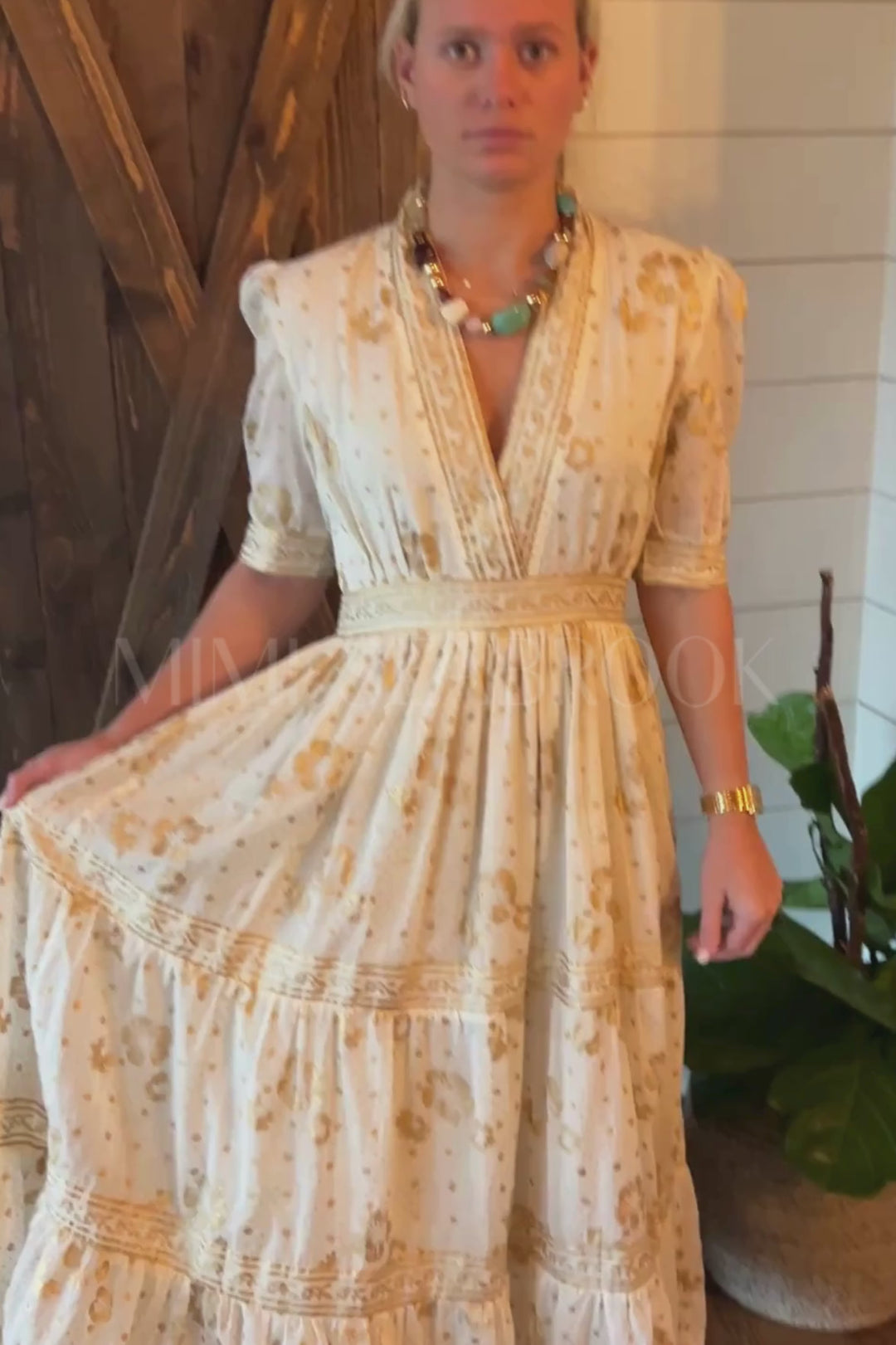 V-Neck Cuffed Maxi Dress, Cream Gold by Oliphant