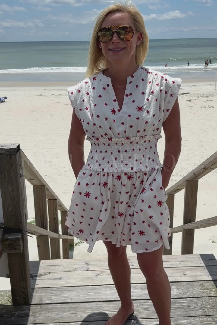 Smocked Waist Roll Sleeve Dress, Ellsworth Red by Oliphant