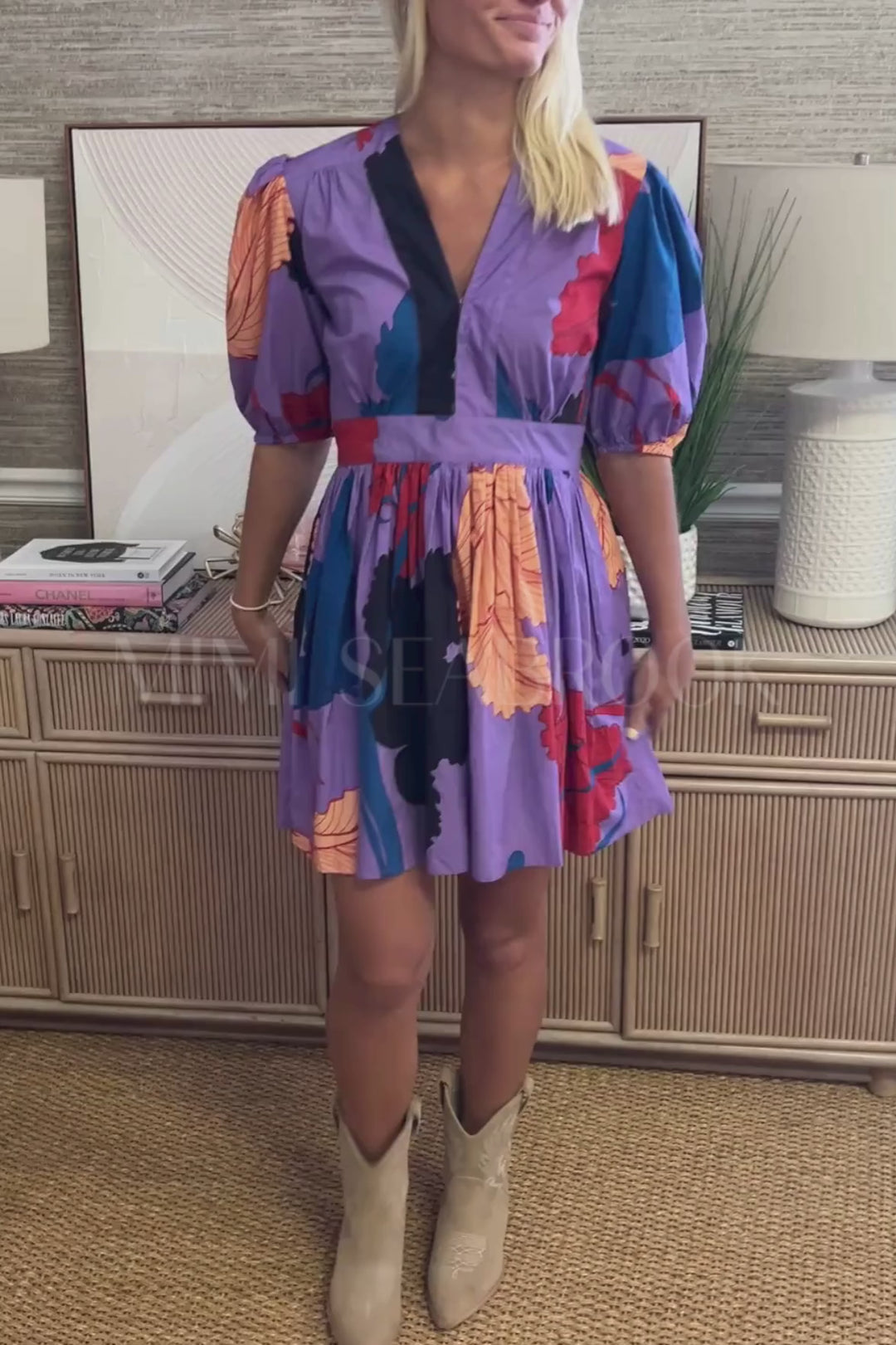 V-Neck Puff Mini Dress, Hague Lavender