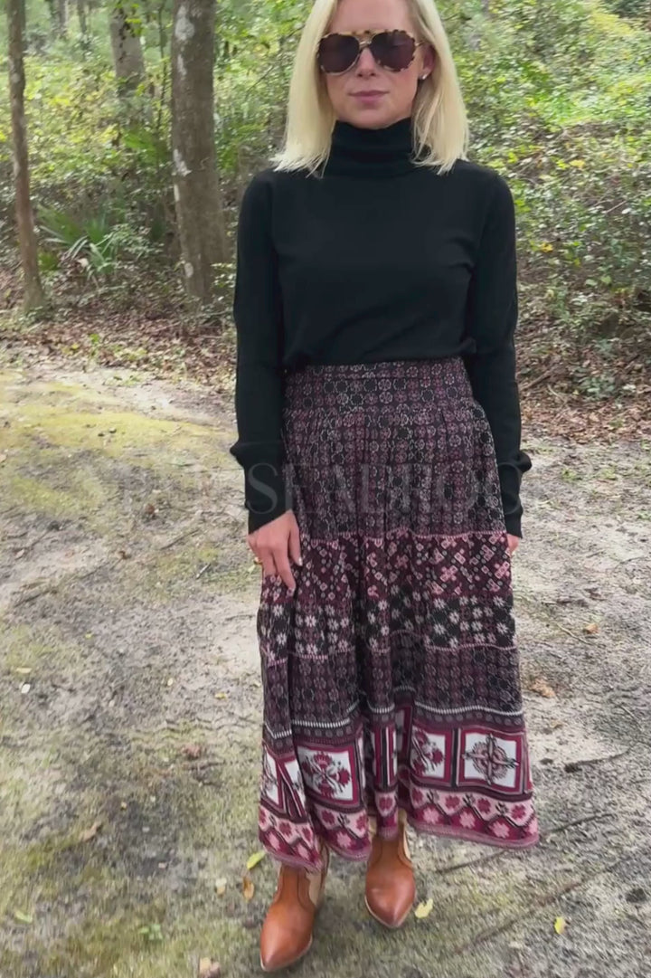 Aneeta Midi Skirt, Zocalo Rose Tan Print by Cleobella