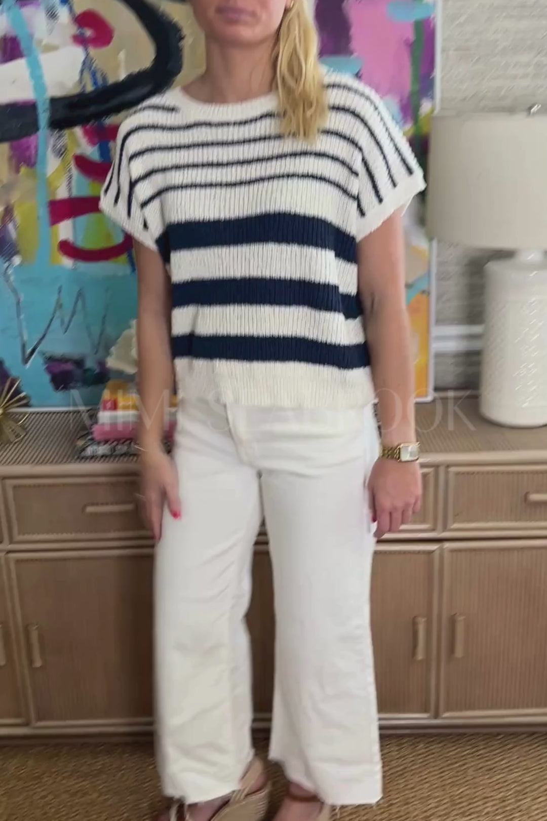 Marsha knit top, off white/navy