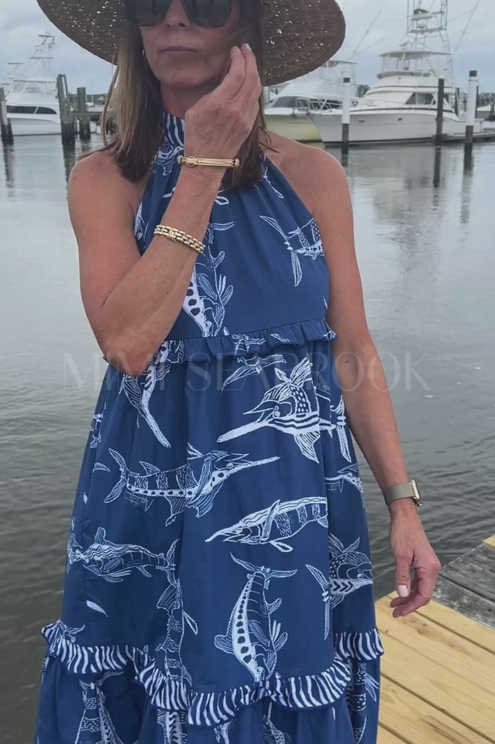 Alys Beach Dress by King + Pitt, blue billfish print (pre-order)