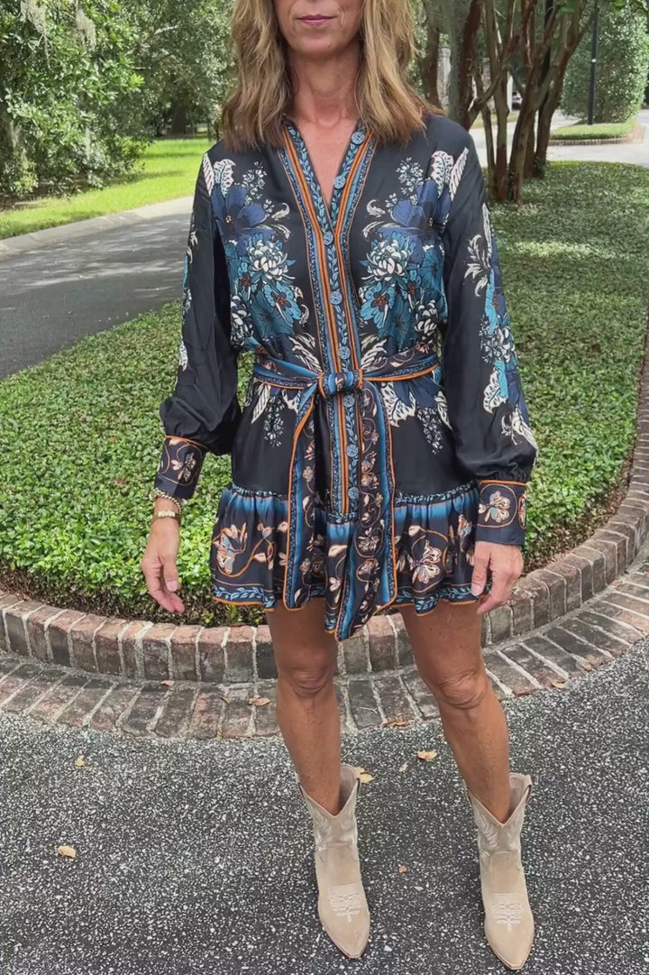 Bloom Tapestry Black Long Sleeves Mini Dress by Farm Rio