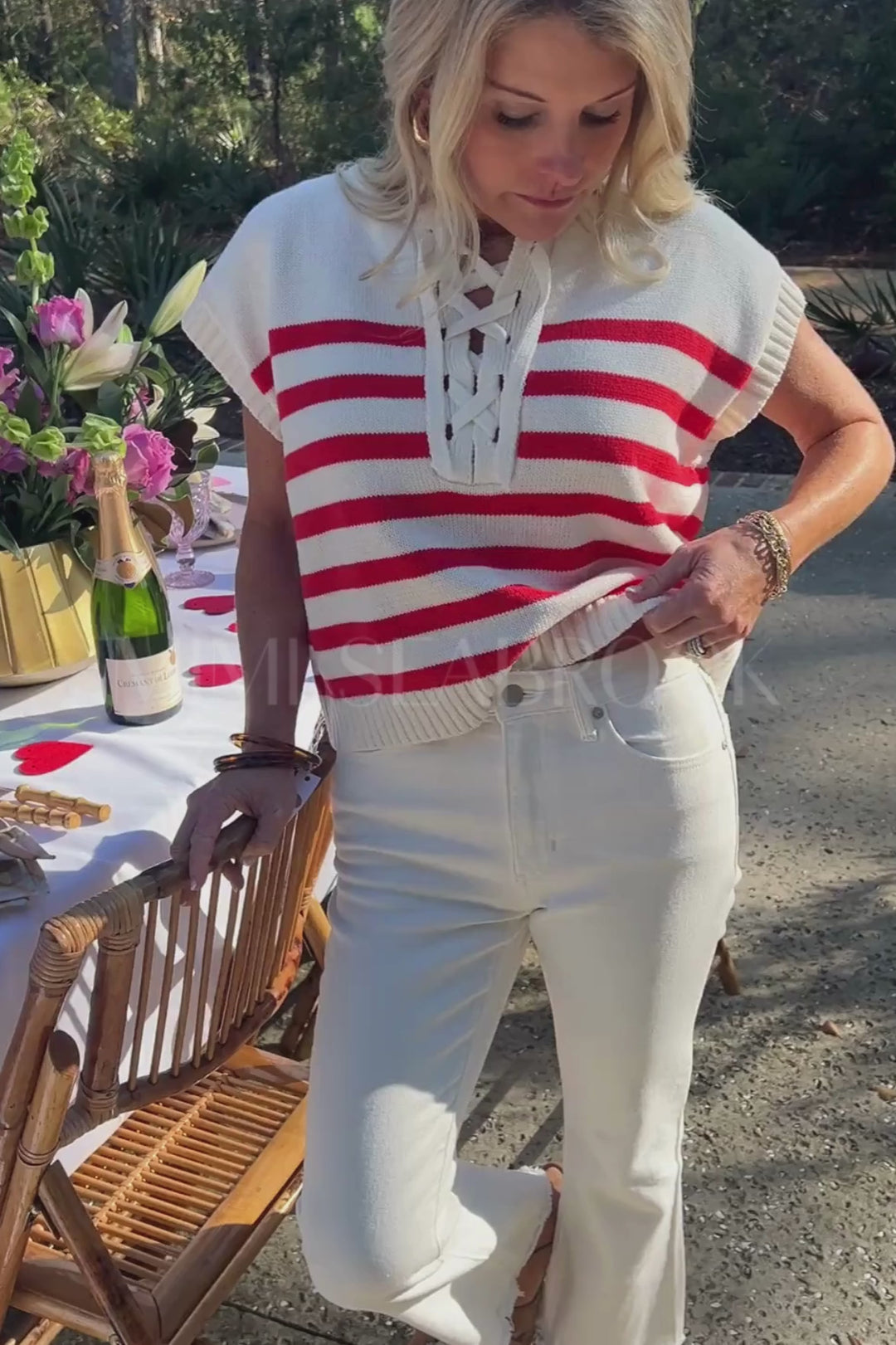 Houser top, red/cream