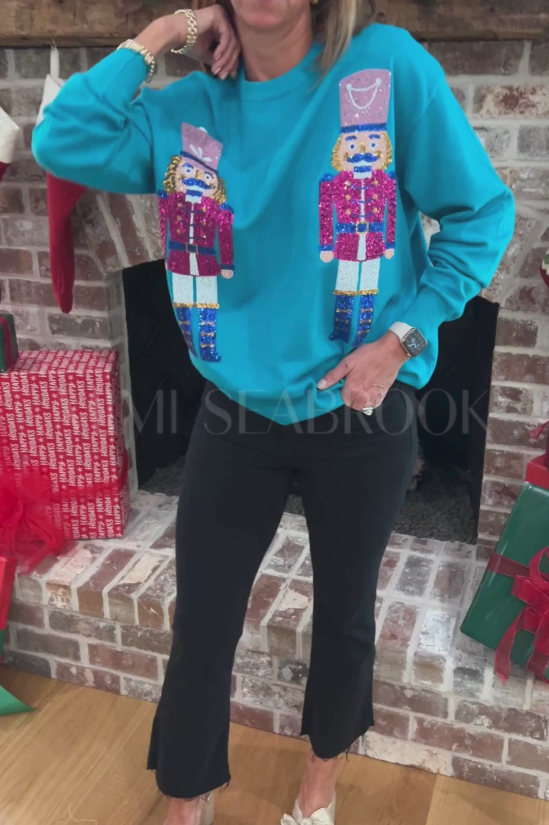 Sequin Nutcracker Sweatshirt Top, teal